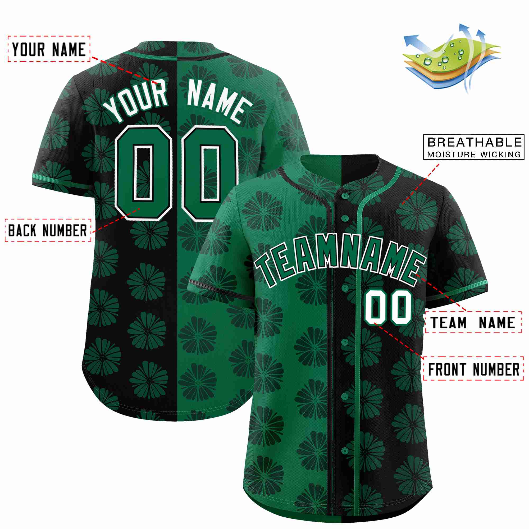 Custom Kelly Green Black Split Fashion Flower Graffiti Pattern Authentic Baseball Jersey