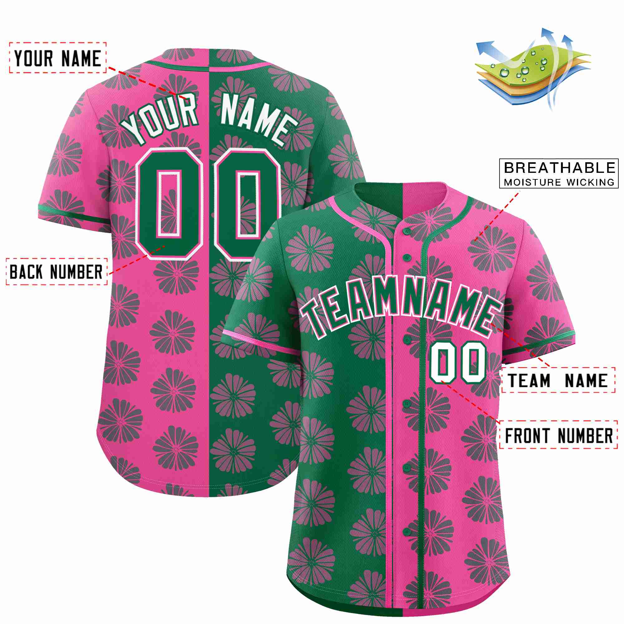 Custom Kelly Green Pink Split Fashion Flower Graffiti Pattern Authentic Baseball Jersey