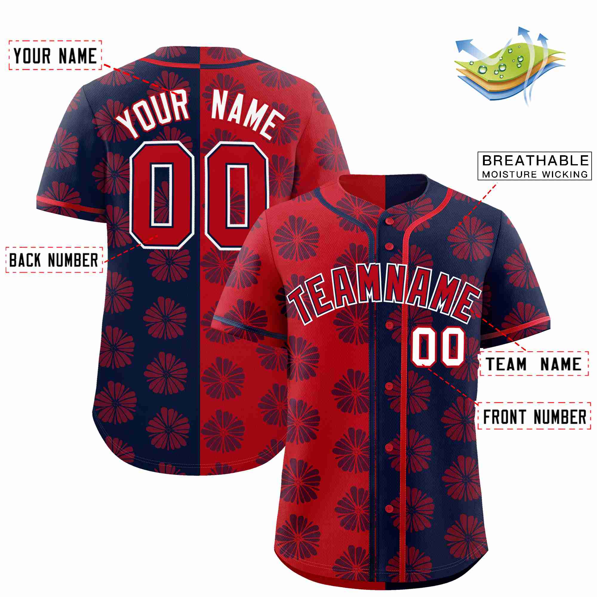 Custom Red Navy Split Fashion Flower Graffiti Pattern Authentic Baseball Jersey