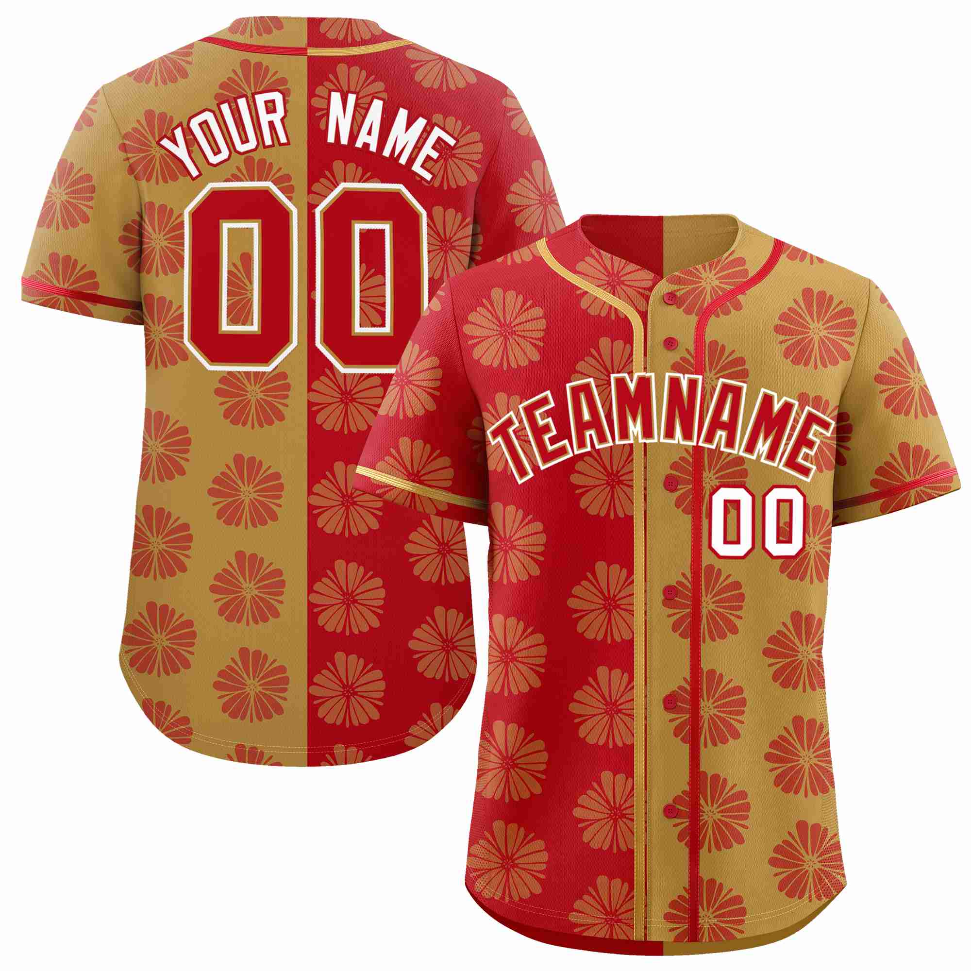 Custom Red Old Gold Split Fashion Flower Graffiti Pattern Authentic Baseball Jersey