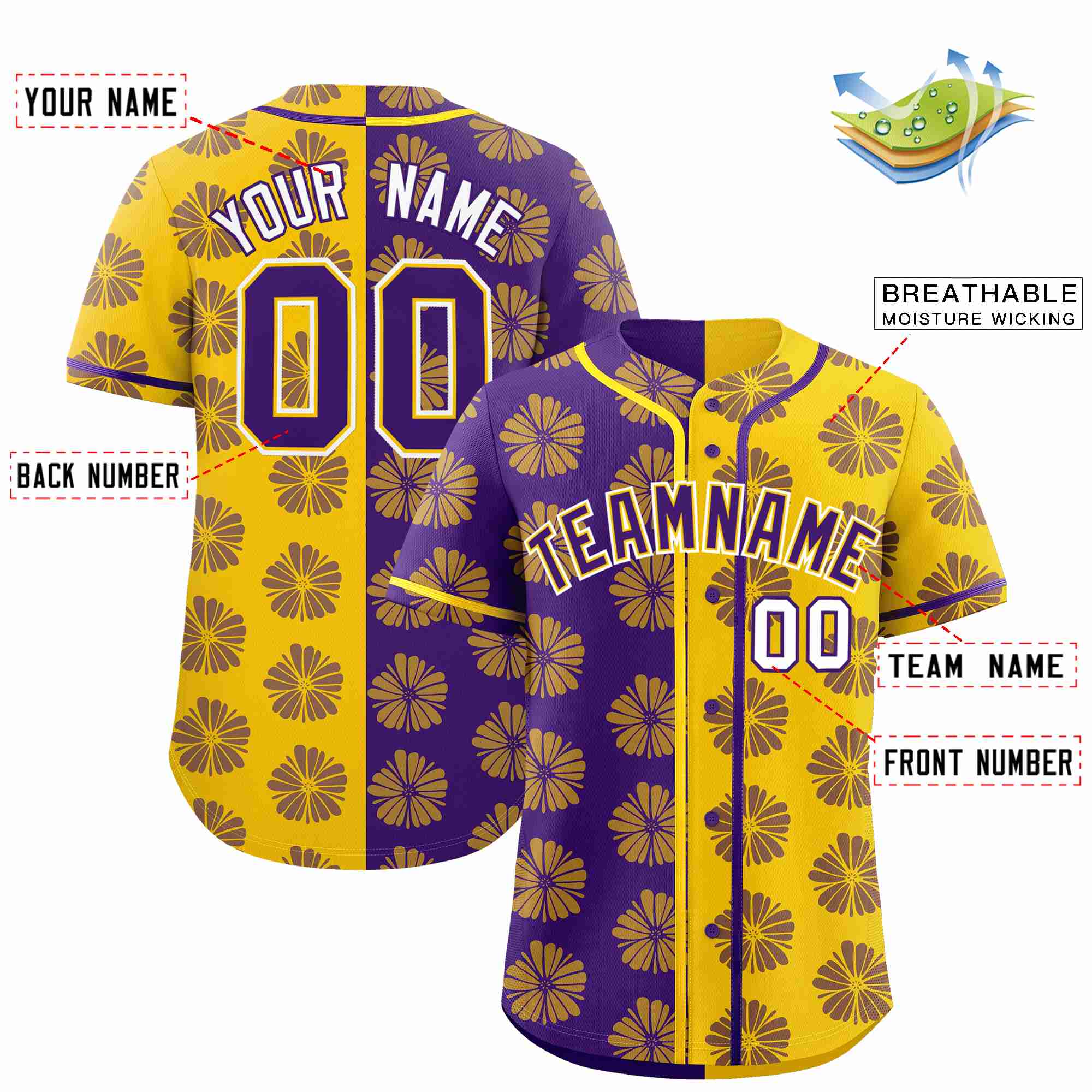 Custom Purple Gold Split Fashion Flower Graffiti Pattern Authentic Baseball Jersey