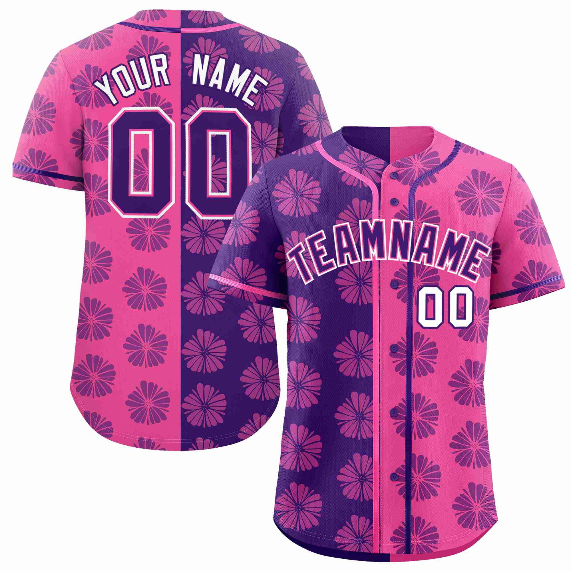 Custom Purple Pink Split Fashion Flower Graffiti Pattern Authentic Baseball Jersey