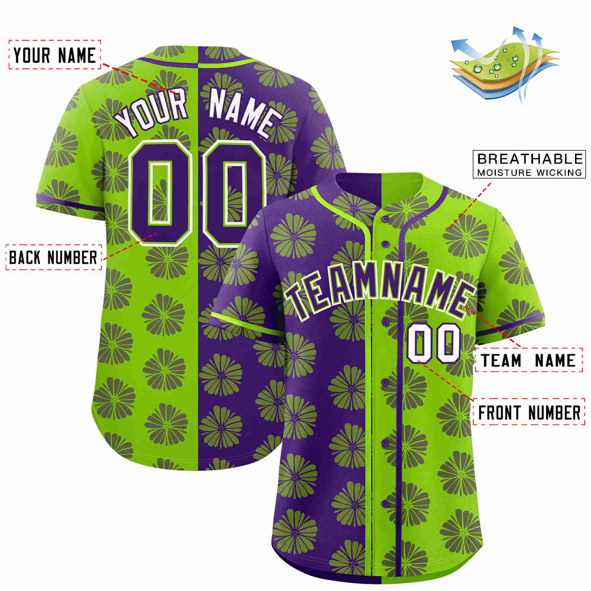 Custom Purple Neon Green Split Fashion Flower Graffiti Pattern Authentic Baseball Jersey