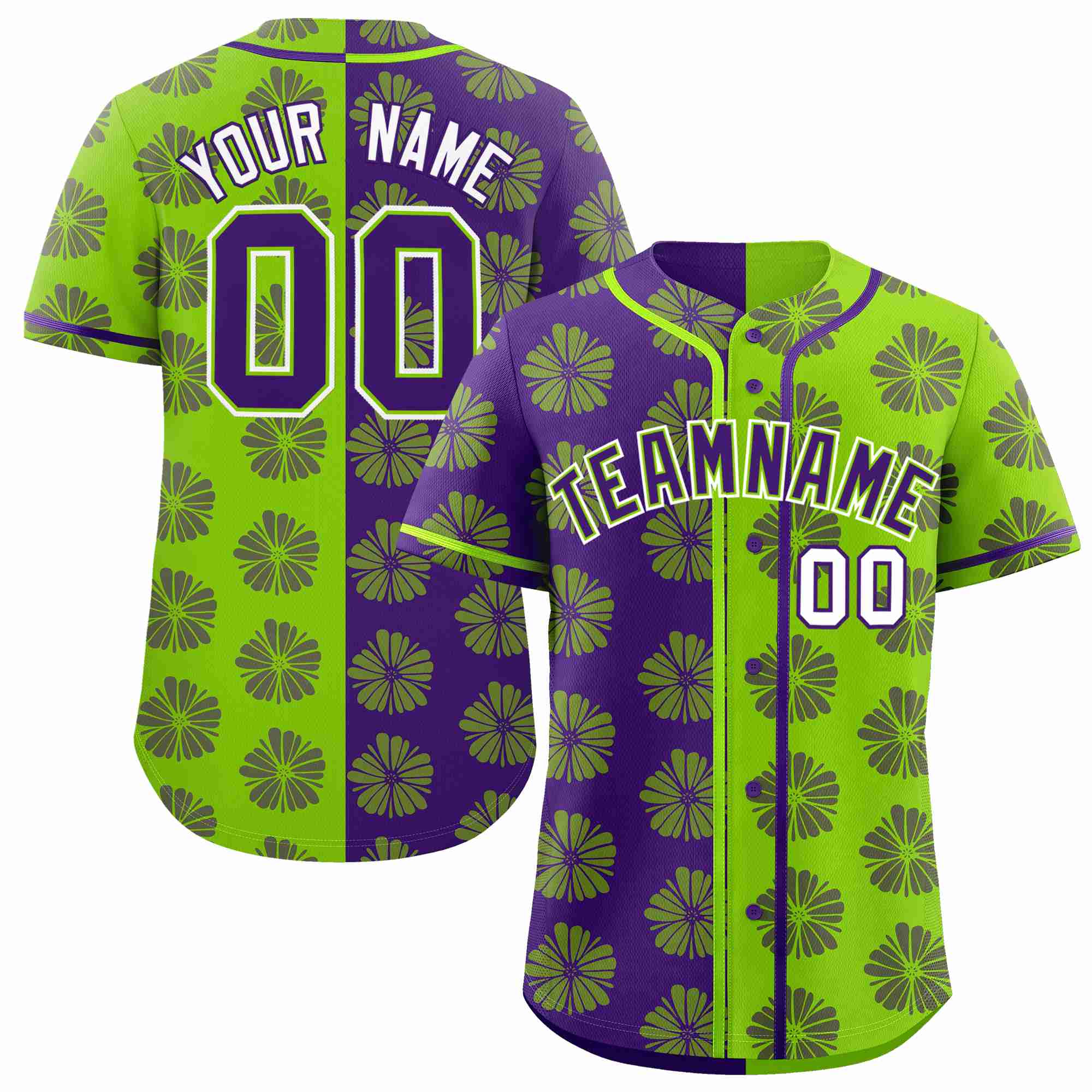 Custom Purple Neon Green Split Fashion Flower Graffiti Pattern Authentic Baseball Jersey