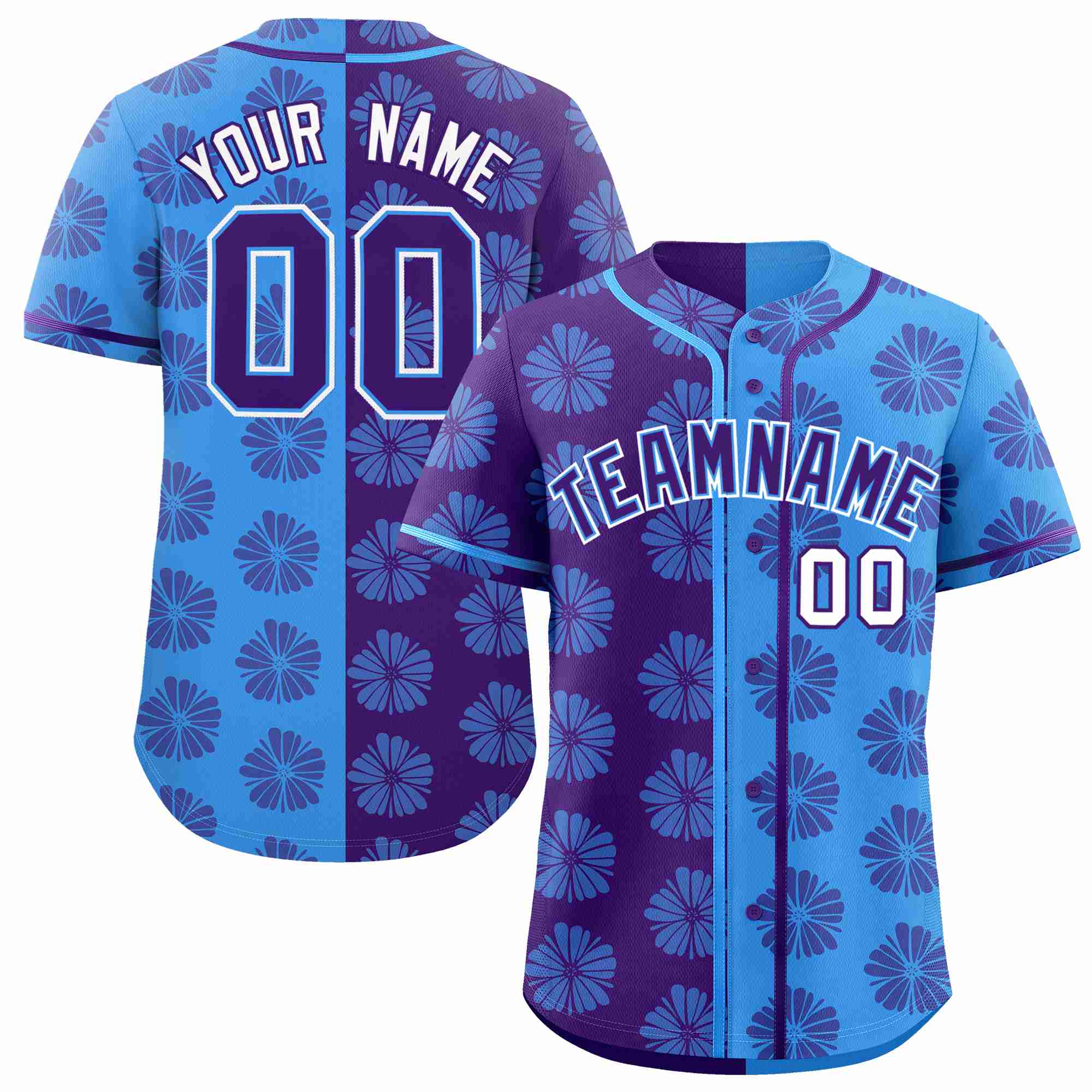 Custom Purple Powder Blue Split Fashion Flower Graffiti Pattern Authentic Baseball Jersey