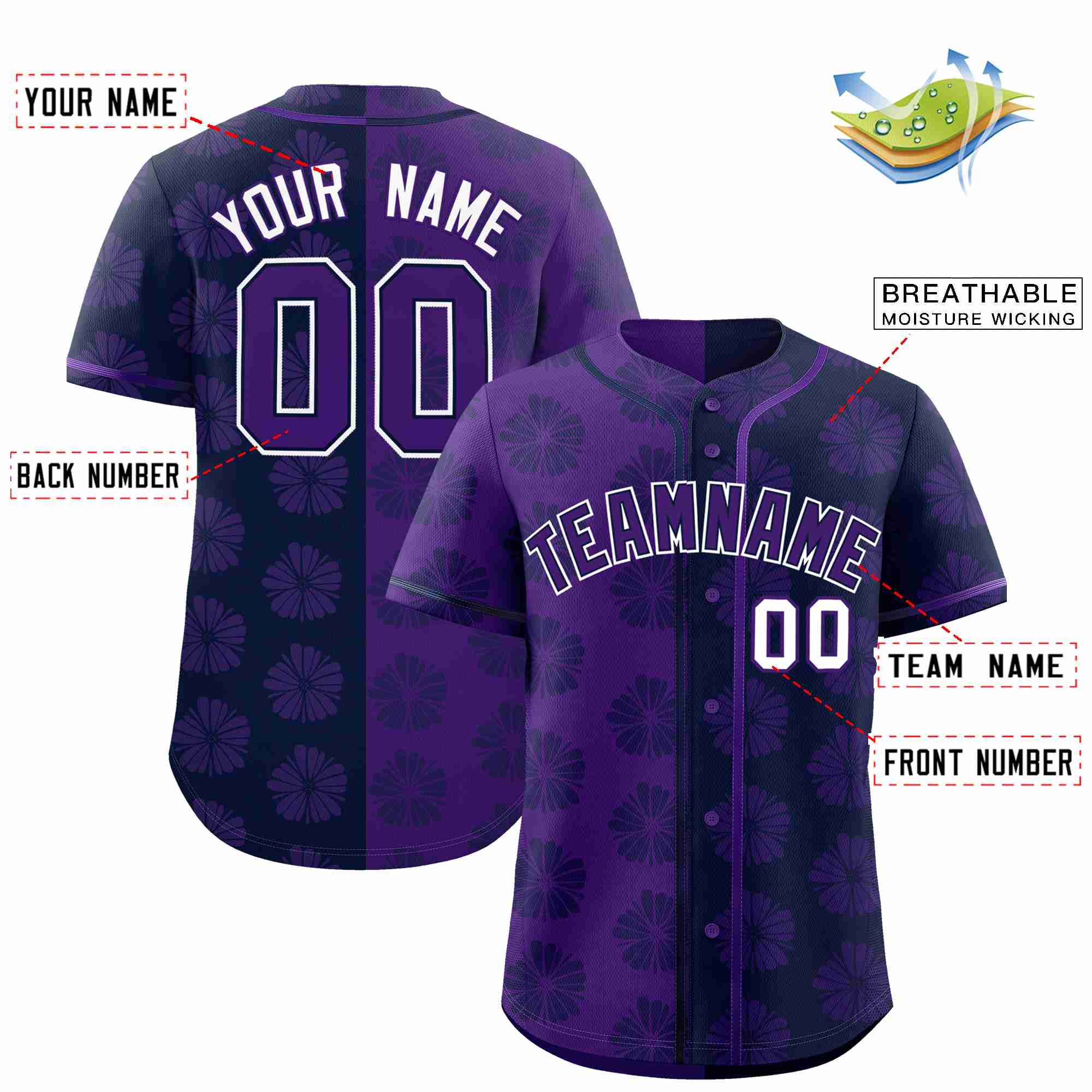 Custom Purple Navy Split Fashion Flower Graffiti Pattern Authentic Baseball Jersey