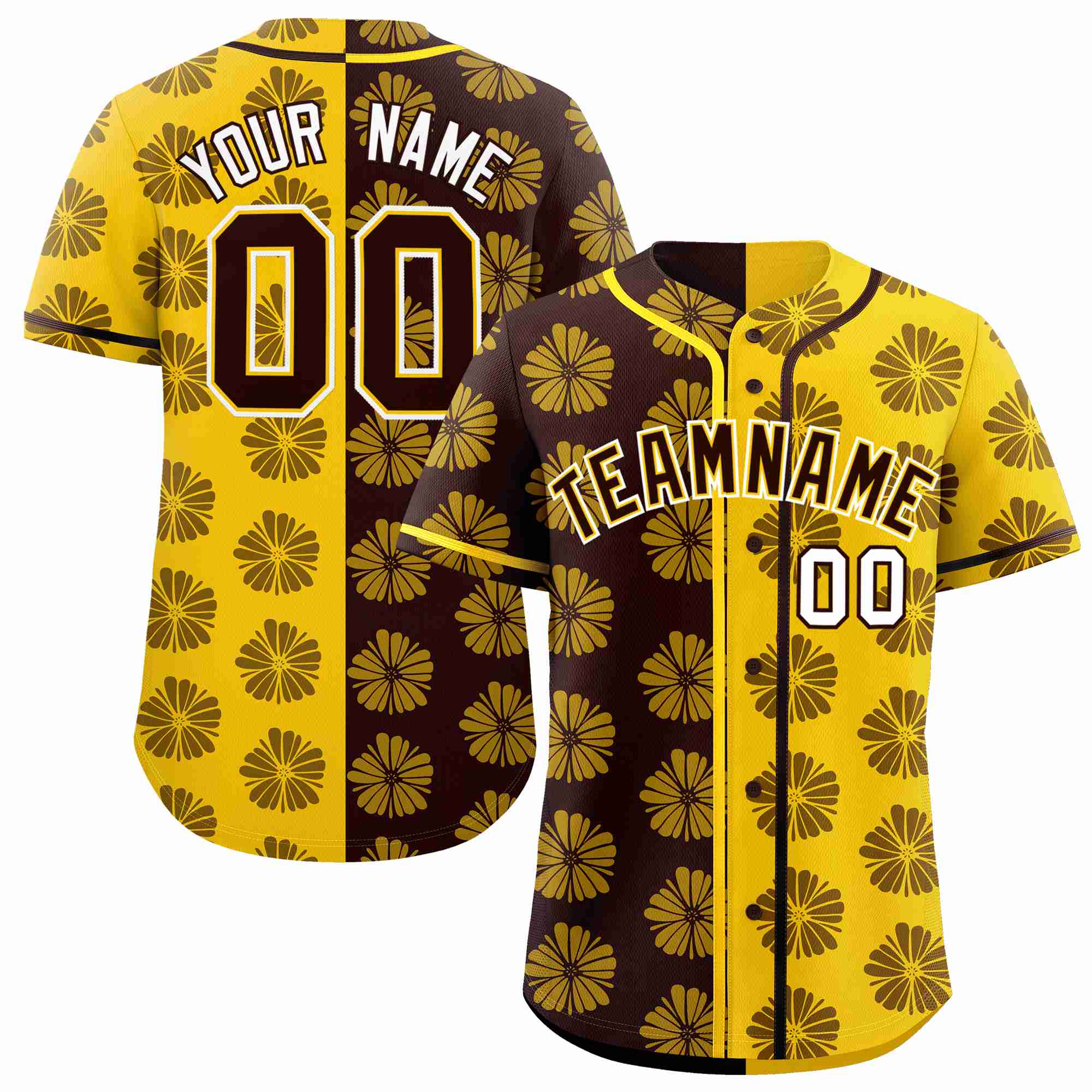 Custom Brown Gold Split Fashion Flower Graffiti Pattern Authentic Baseball Jersey