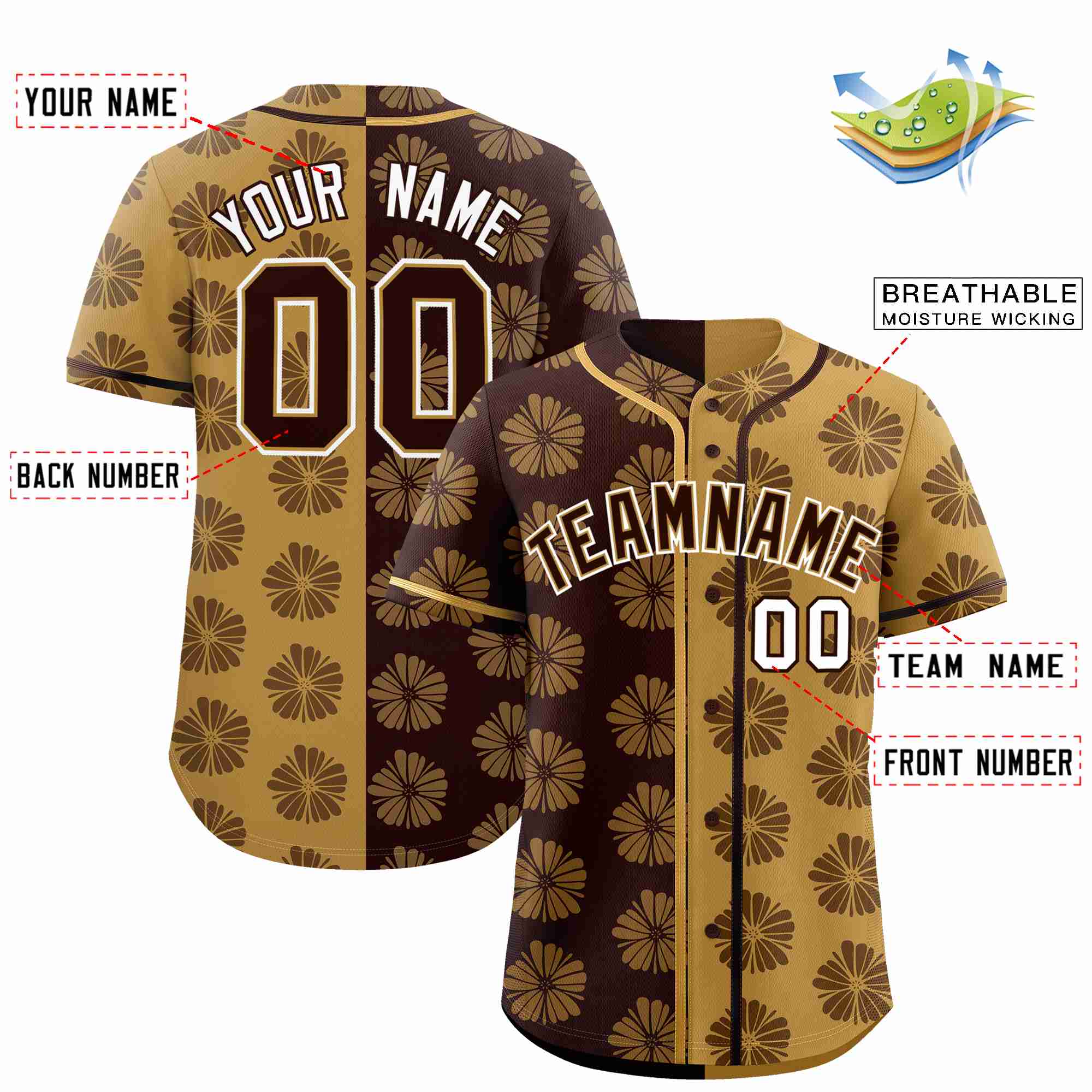 Custom Brown Old Gold Split Fashion Flower Graffiti Pattern Authentic Baseball Jersey