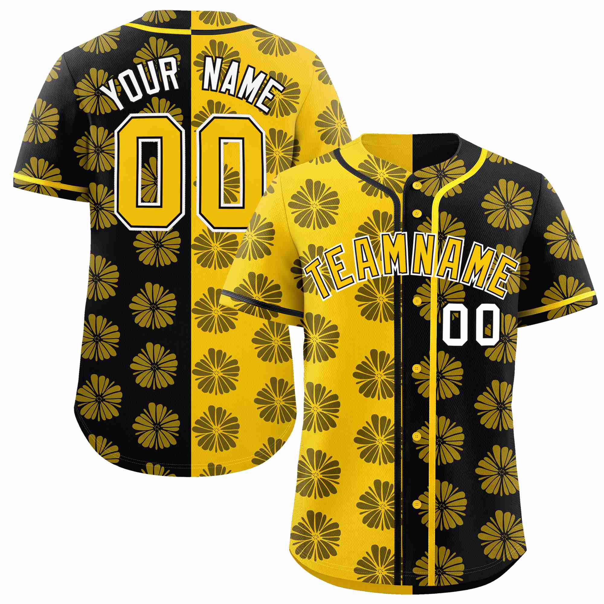 Custom Gold Black Split Fashion Flower Graffiti Pattern Authentic Baseball Jersey