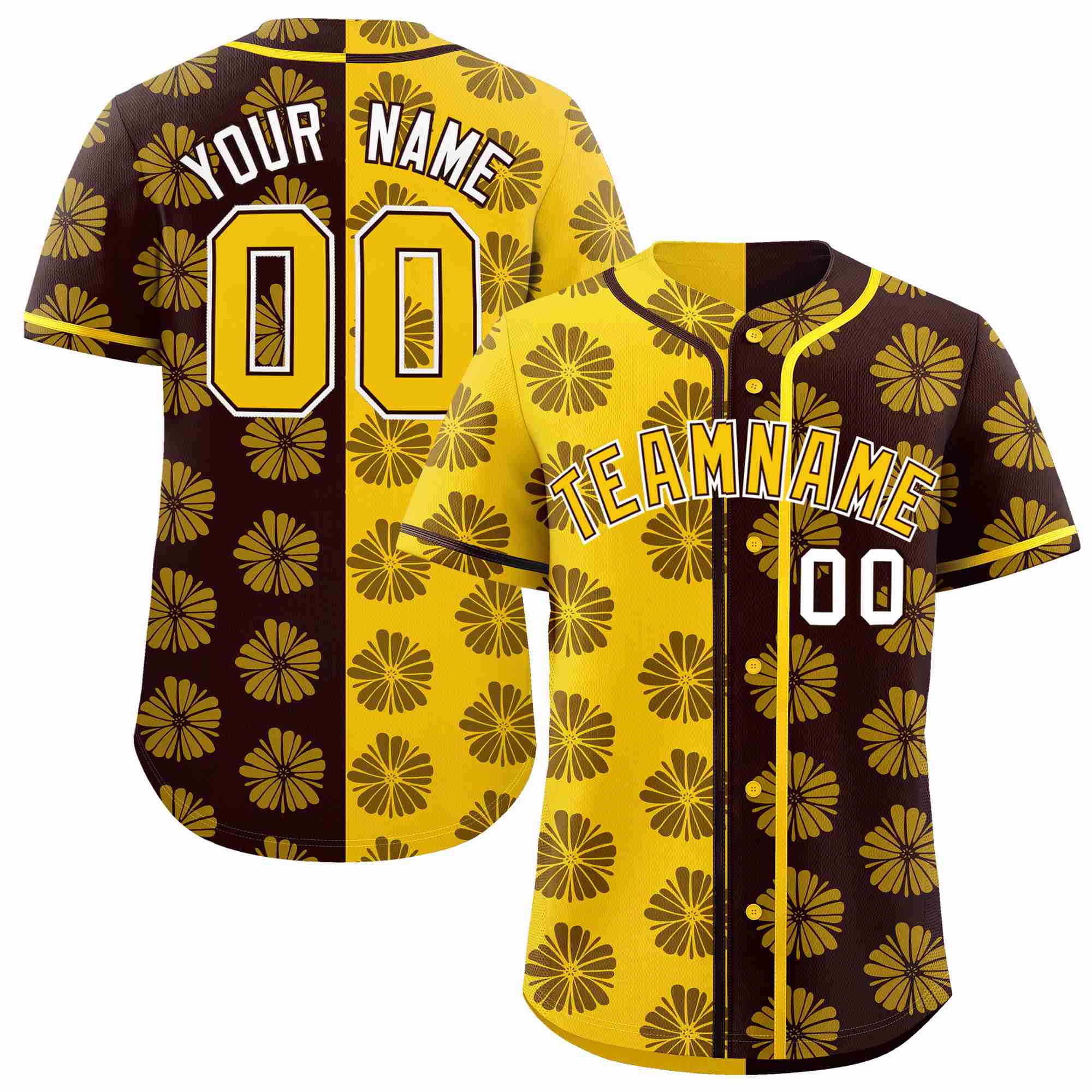 Custom Gold Brown Split Fashion Flower Graffiti Pattern Authentic Baseball Jersey