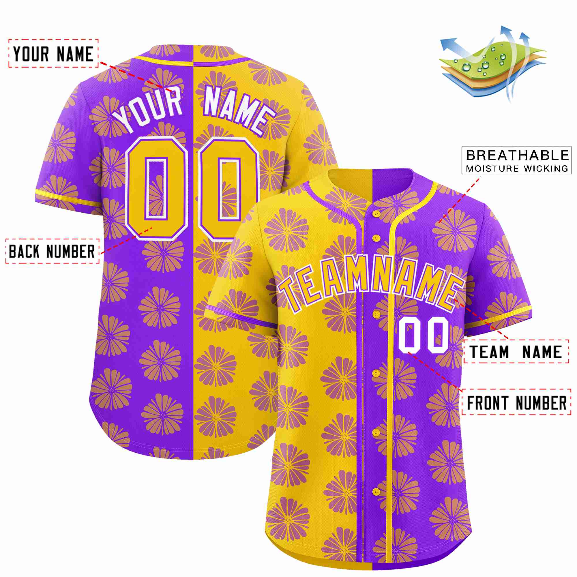 Custom Gold Purple Split Fashion Flower Graffiti Pattern Authentic Baseball Jersey