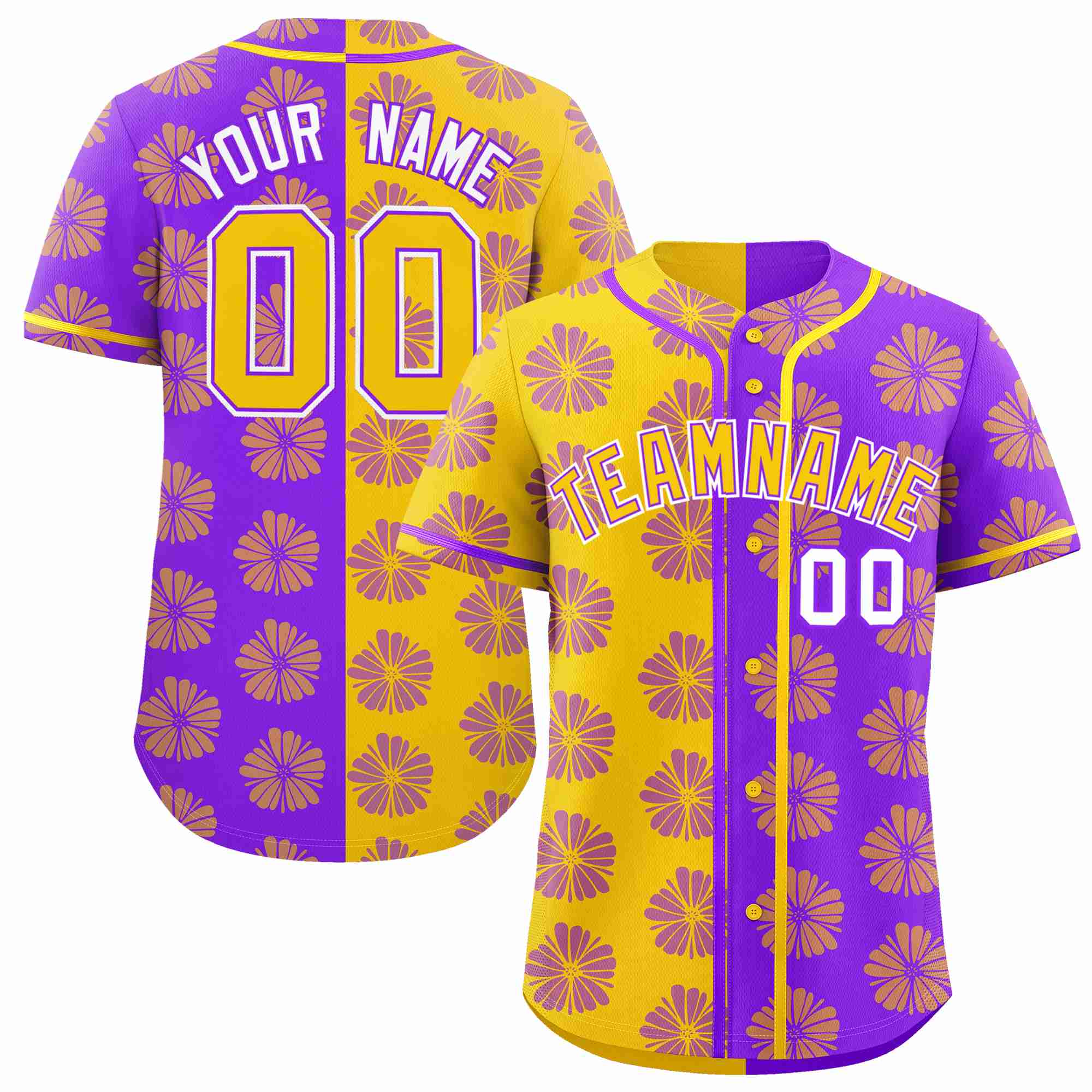 Custom Gold Purple Split Fashion Flower Graffiti Pattern Authentic Baseball Jersey