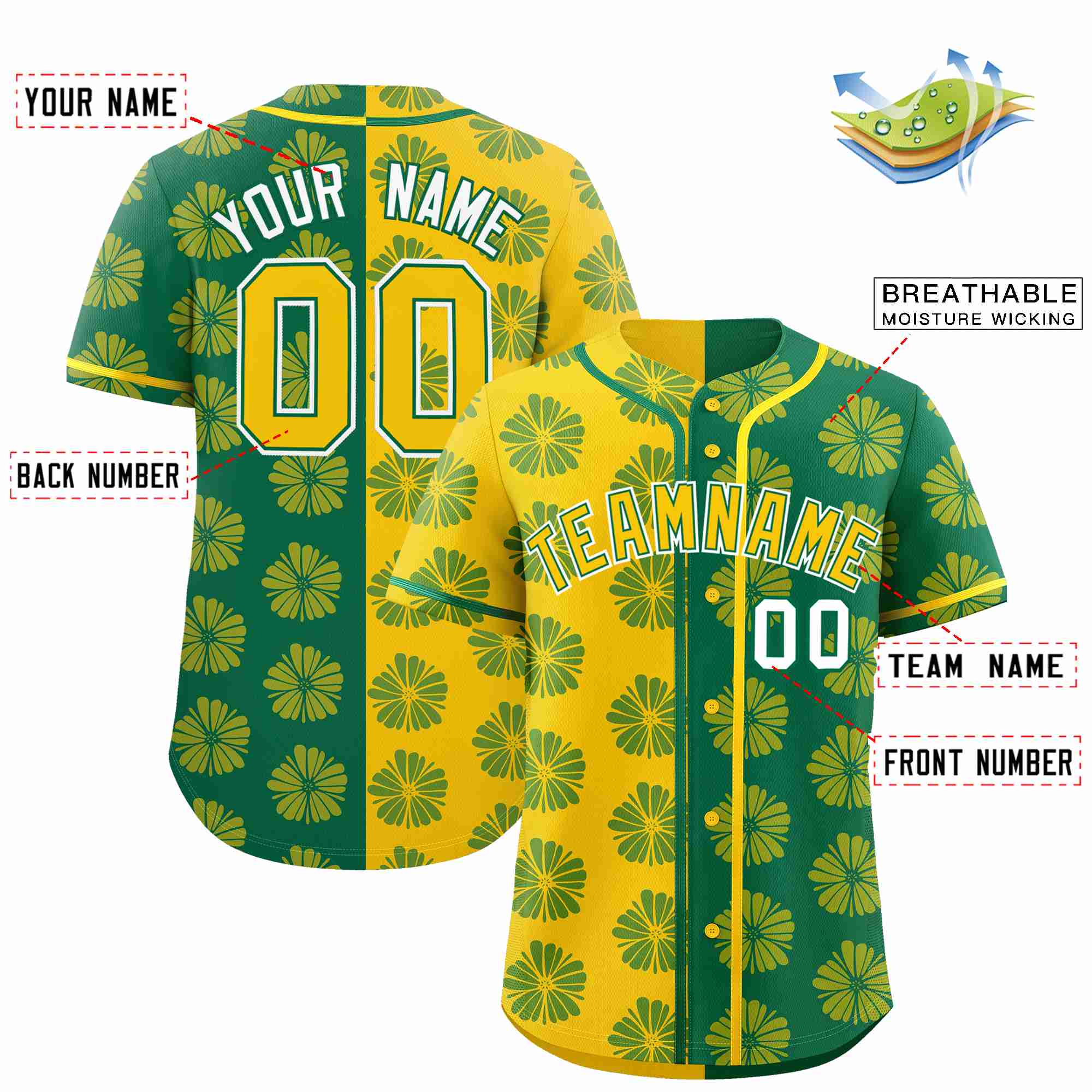 Custom Gold Kelly Green Split Fashion Flower Graffiti Pattern Authentic Baseball Jersey