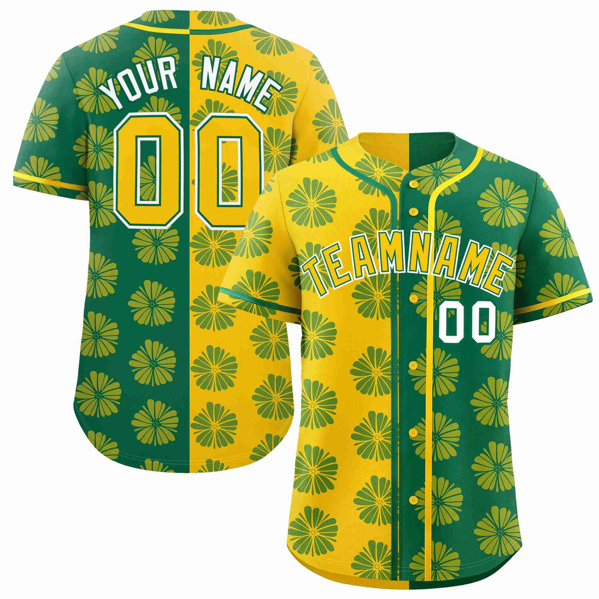 Custom Gold Kelly Green Split Fashion Flower Graffiti Pattern Authentic Baseball Jersey