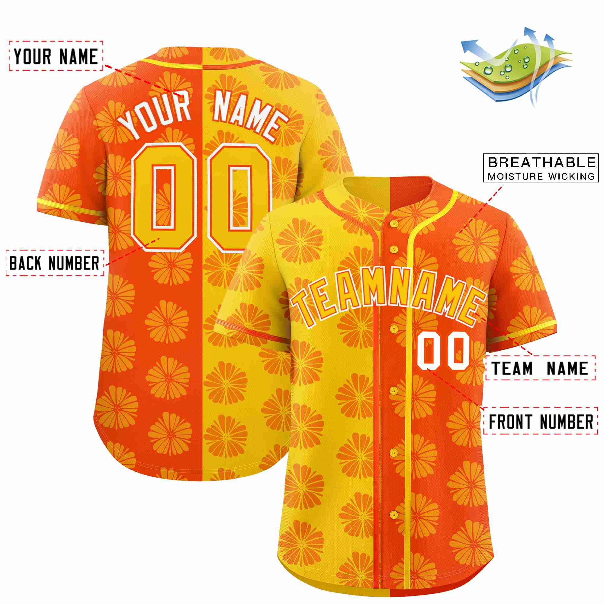 Custom Gold Orange Split Fashion Flower Graffiti Pattern Authentic Baseball Jersey