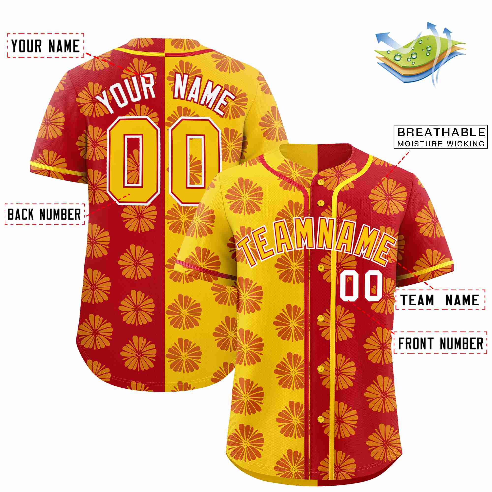 Custom Gold Red Split Fashion Flower Graffiti Pattern Authentic Baseball Jersey