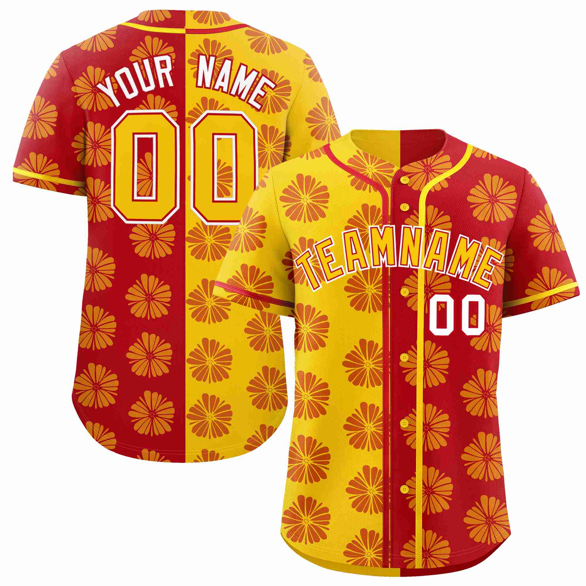 Custom Gold Red Split Fashion Flower Graffiti Pattern Authentic Baseball Jersey