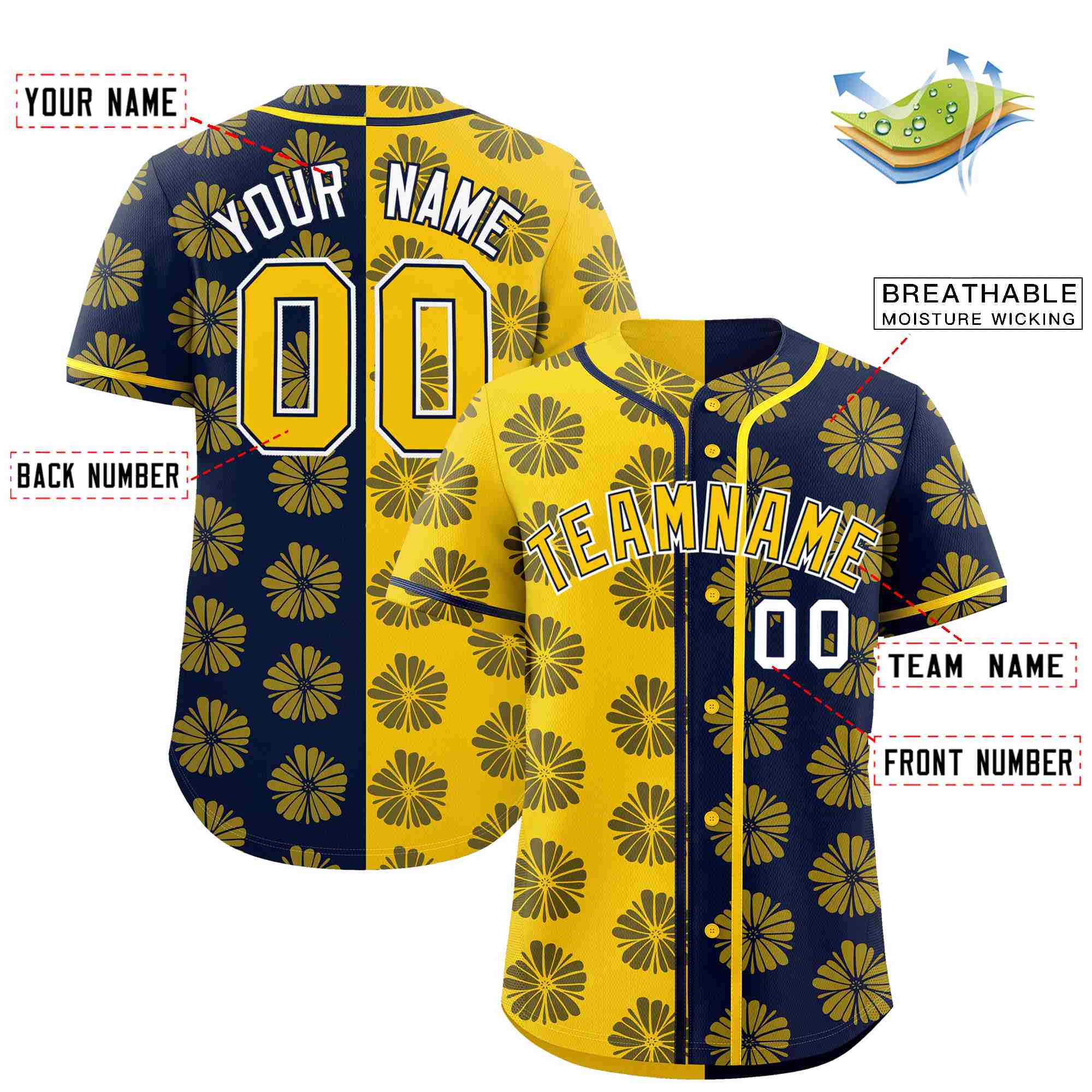 Custom Gold Navy Split Fashion Flower Graffiti Pattern Authentic Baseball Jersey