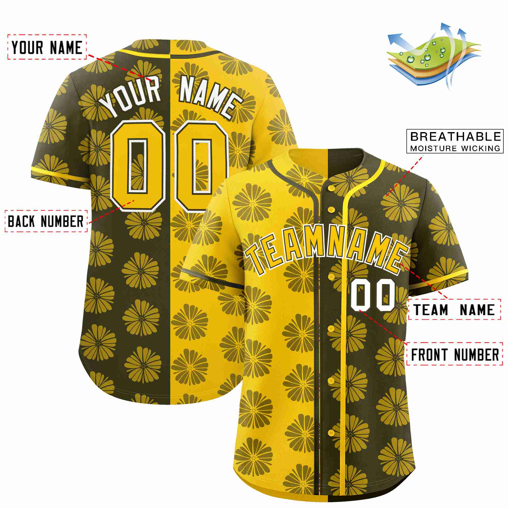 Custom Gold Olive Split Fashion Flower Graffiti Pattern Authentic Baseball Jersey