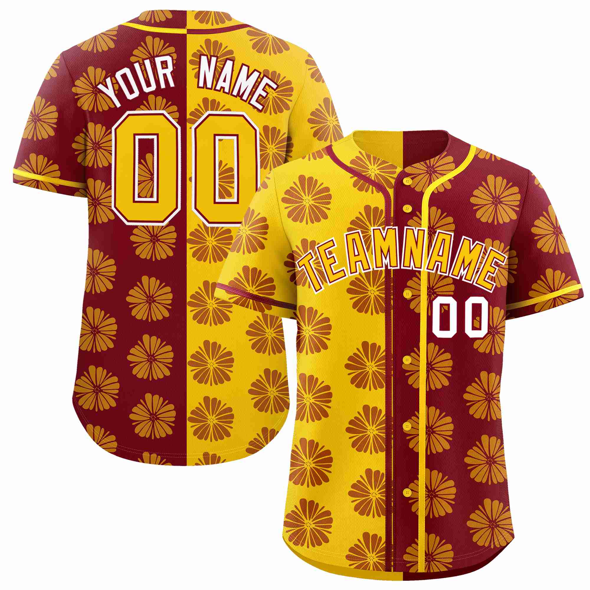 Custom Gold Crimson Split Fashion Flower Graffiti Pattern Authentic Baseball Jersey