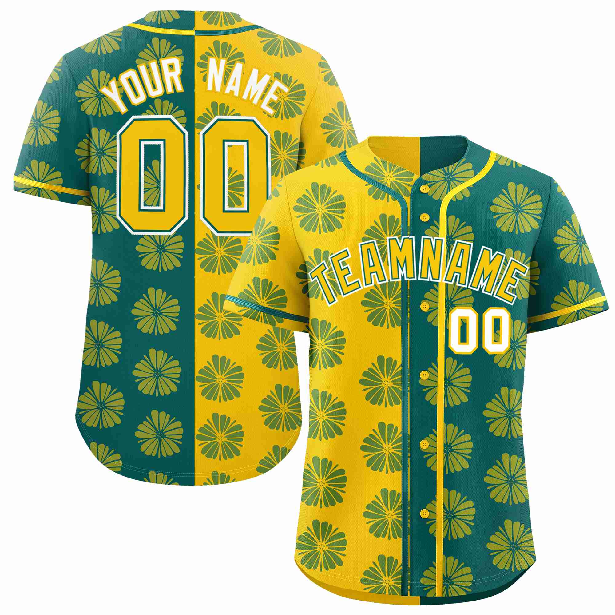 Custom Gold Aqua Split Fashion Flower Graffiti Pattern Authentic Baseball Jersey