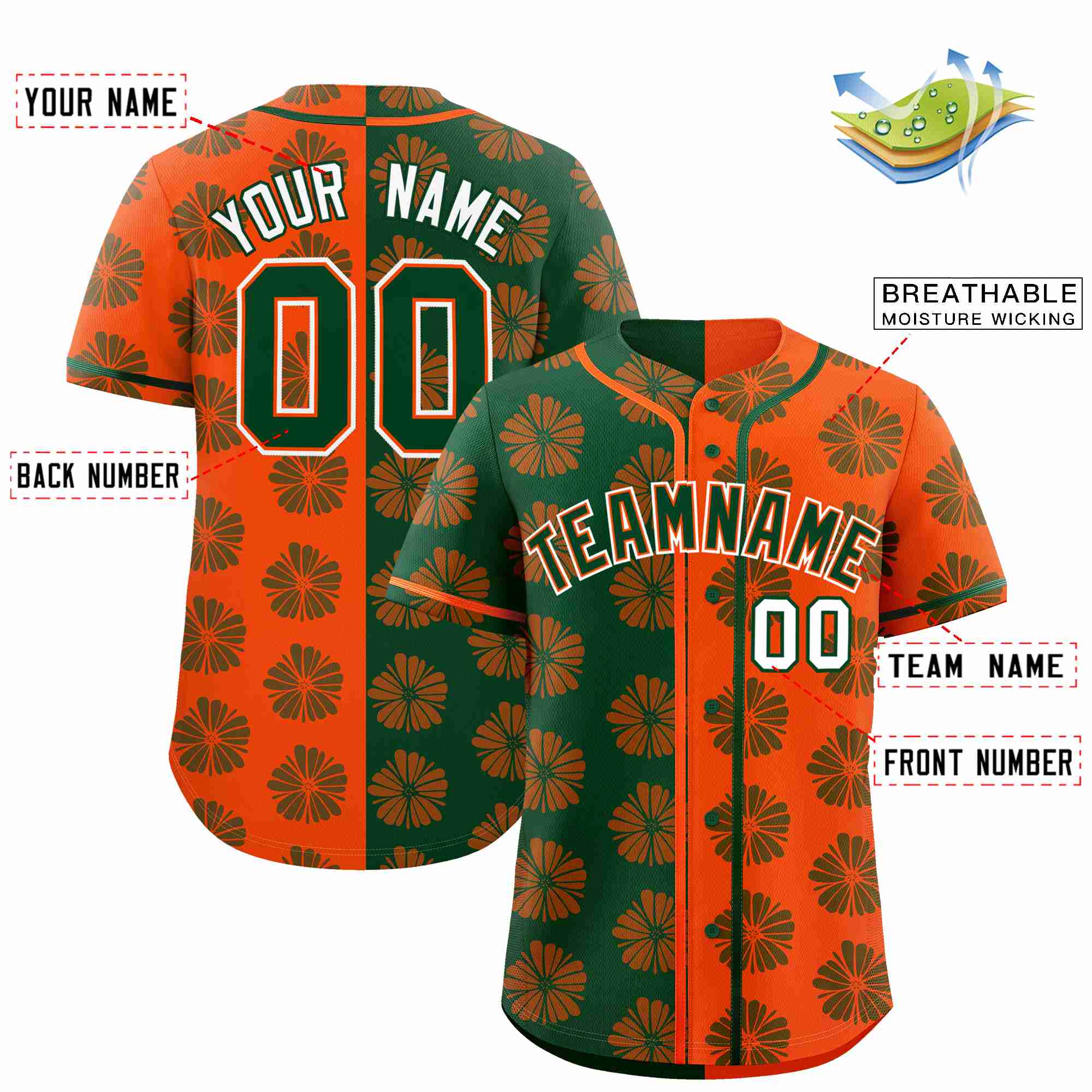 Custom Green Orange Split Fashion Flower Graffiti Pattern Authentic Baseball Jersey