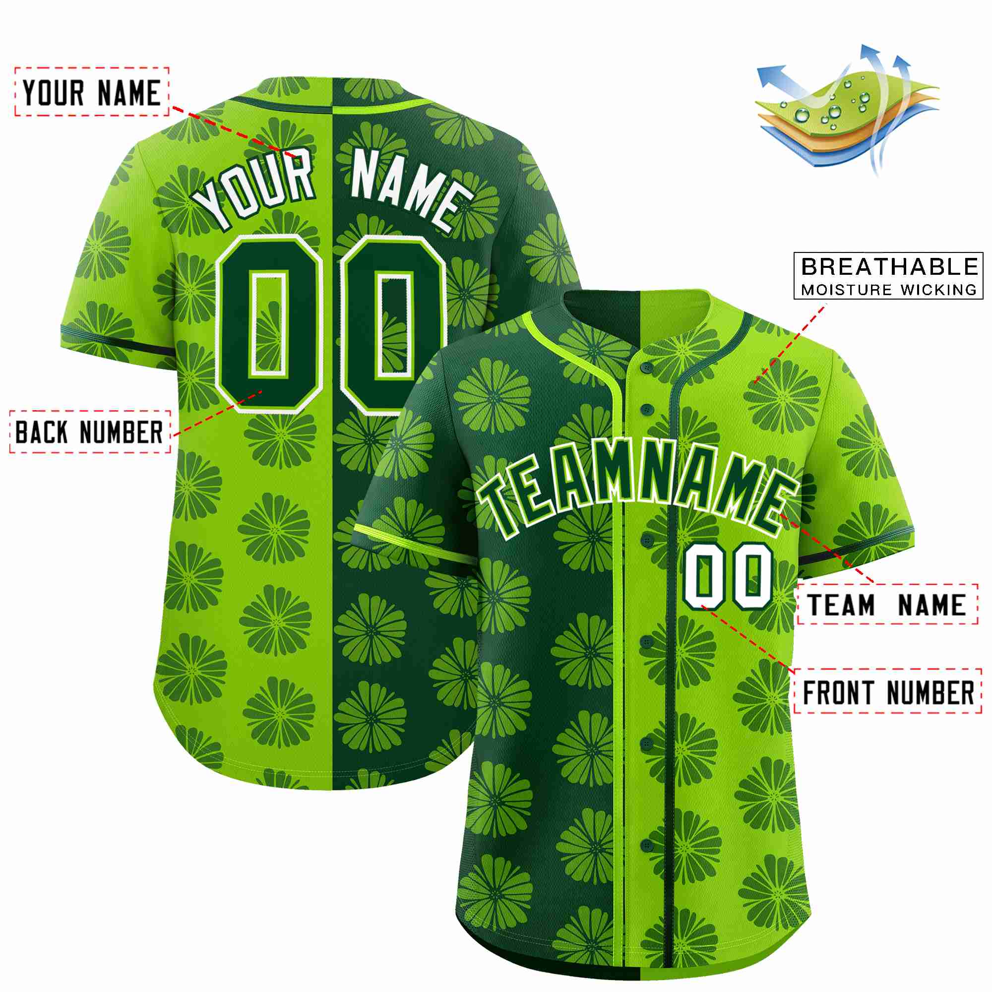 Custom Green Neon Green Split Fashion Flower Graffiti Pattern Authentic Baseball Jersey