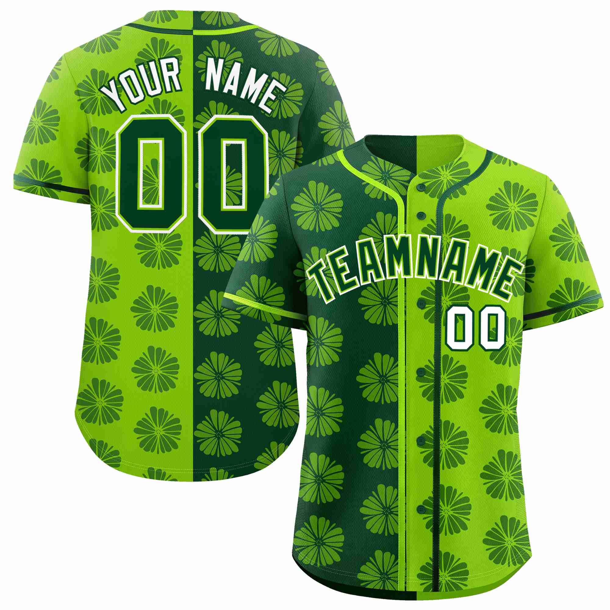 Custom Green Neon Green Split Fashion Flower Graffiti Pattern Authentic Baseball Jersey