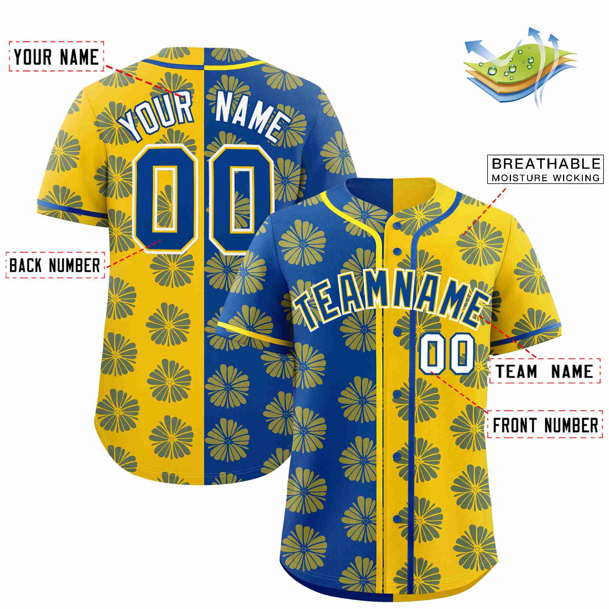 Custom Royal Gold Split Fashion Flower Graffiti Pattern Authentic Baseball Jersey