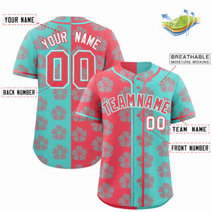 Custom Light Red Aqua Split Fashion Flower Graffiti Pattern Authentic Baseball Jersey