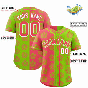 Custom Light Red Neon Green Split Fashion Flower Graffiti Pattern Authentic Baseball Jersey