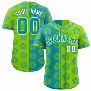 Custom Aqua Neon Green Split Fashion Flower Graffiti Pattern Authentic Baseball Jersey