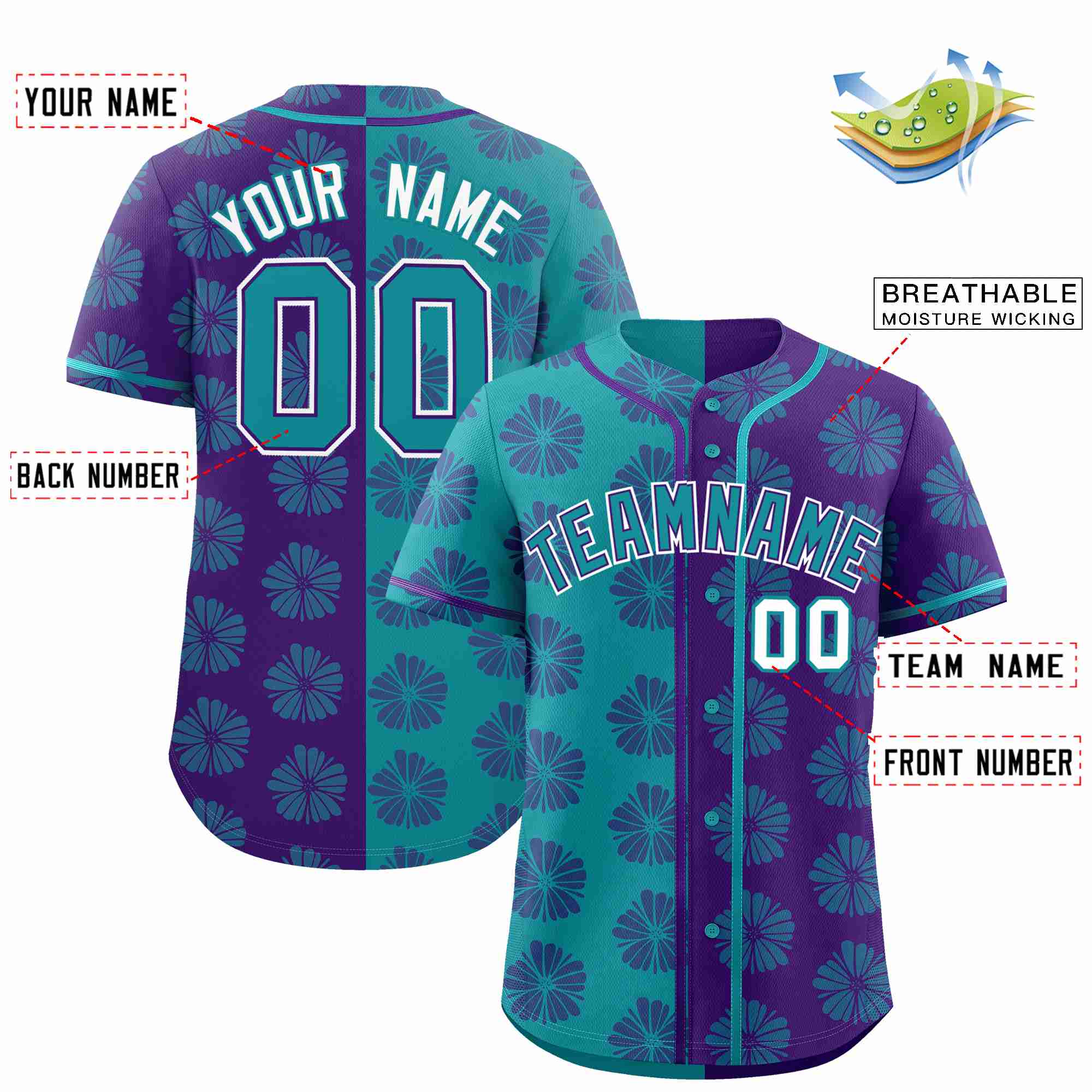 Custom Aqua Purple Split Fashion Flower Graffiti Pattern Authentic Baseball Jersey