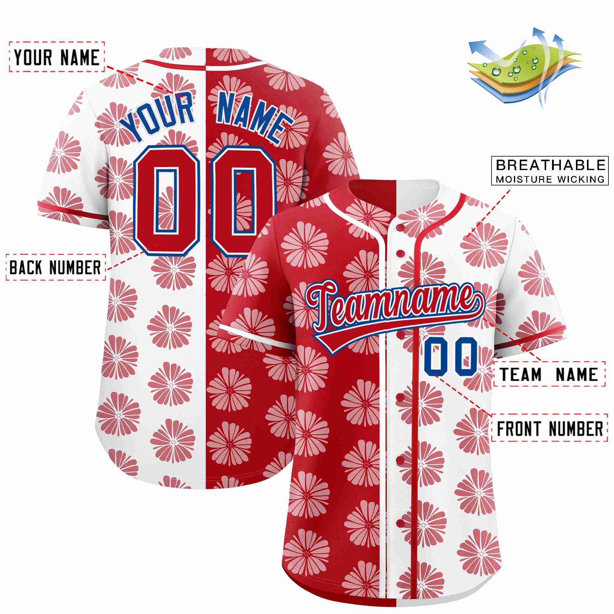 Custom Red White Split Fashion Flower Graffiti Pattern Authentic Baseball Jersey