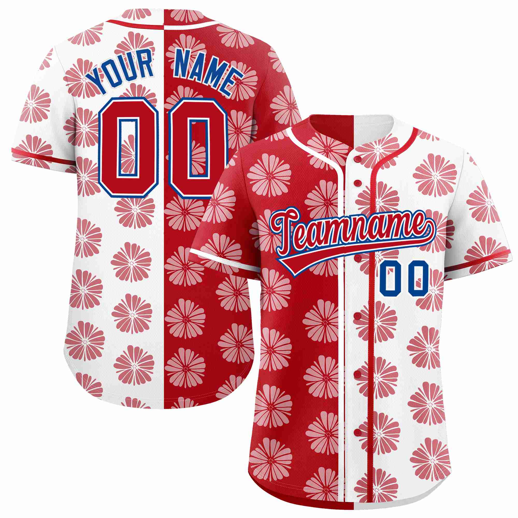 Custom Red White Split Fashion Flower Graffiti Pattern Authentic Baseball Jersey