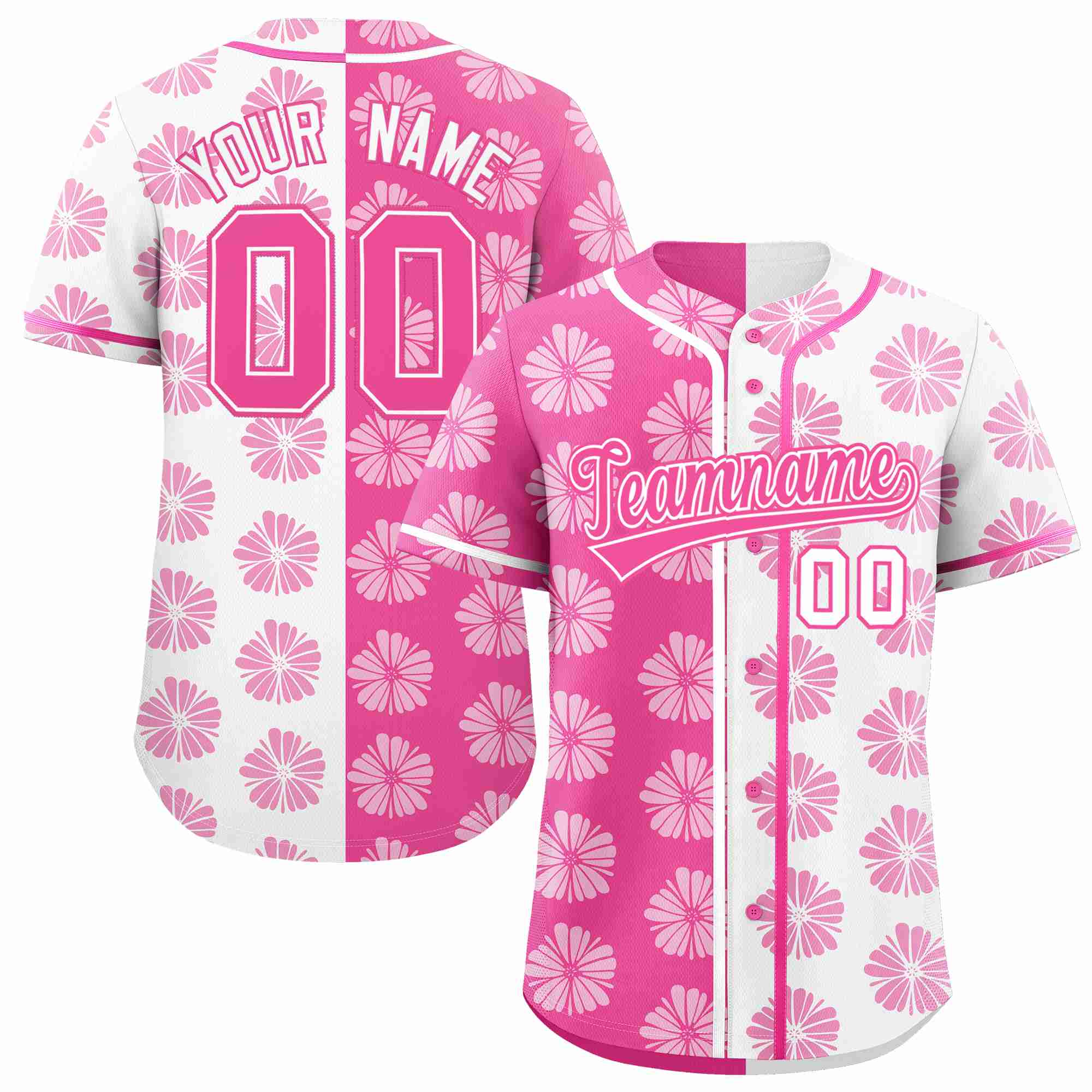 Custom Pink White Split Fashion Flower Graffiti Pattern Authentic Baseball Jersey