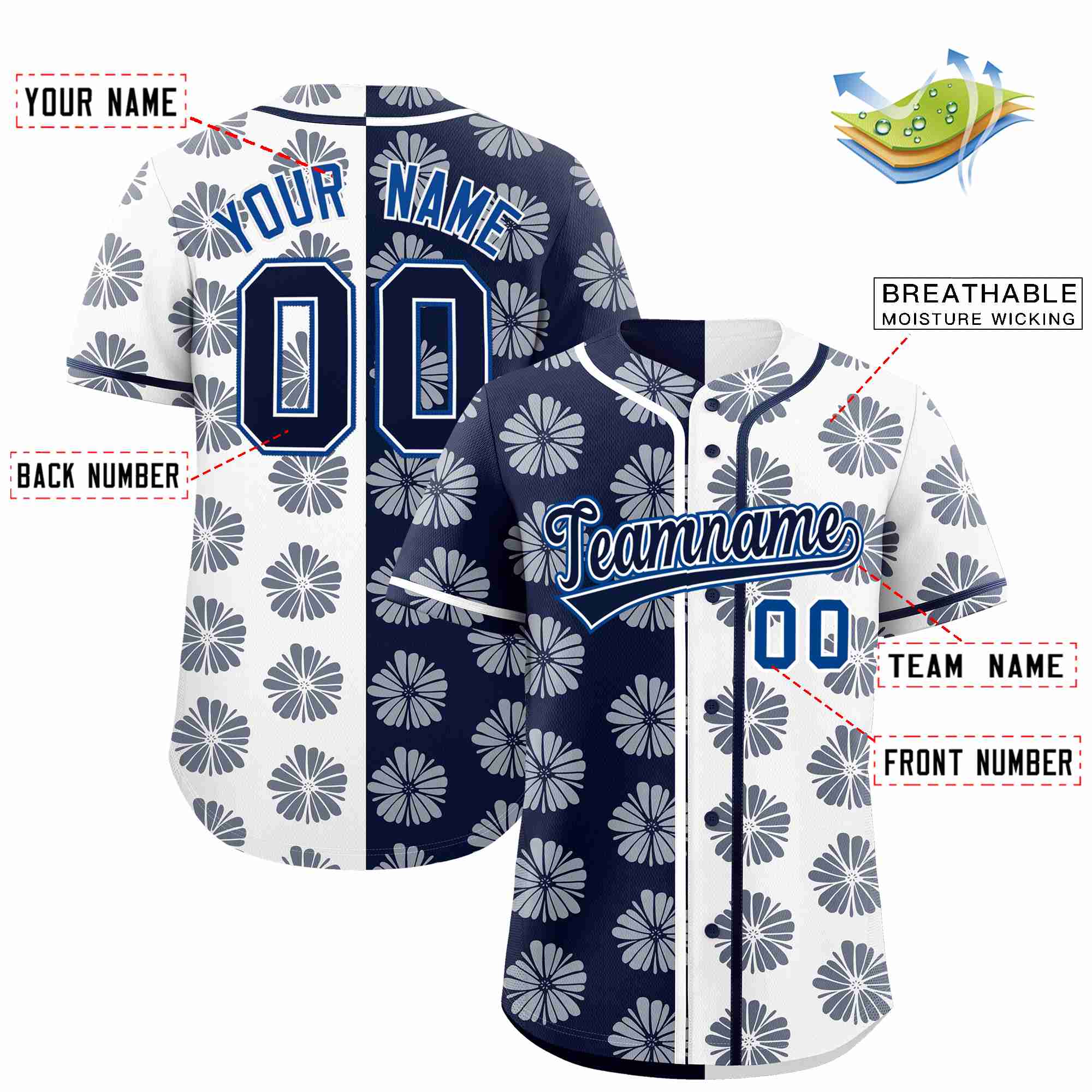 Custom Navy White Split Fashion Flower Graffiti Pattern Authentic Baseball Jersey