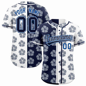 Custom Navy White Split Fashion Flower Graffiti Pattern Authentic Baseball Jersey