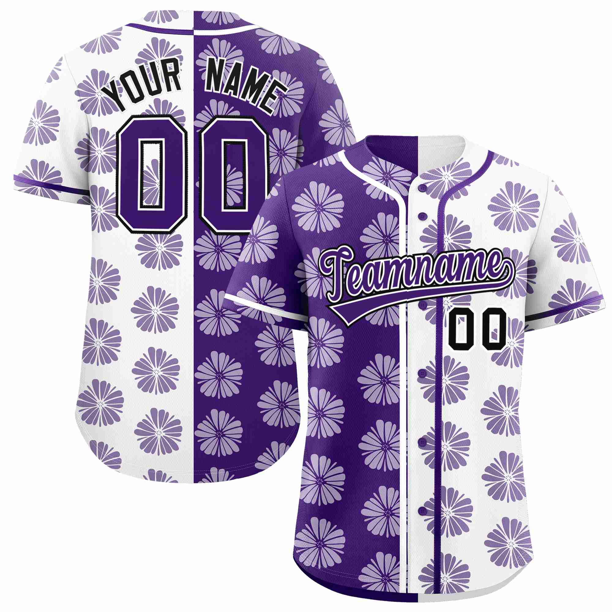 Custom Purple White Split Fashion Flower Graffiti Pattern Authentic Baseball Jersey