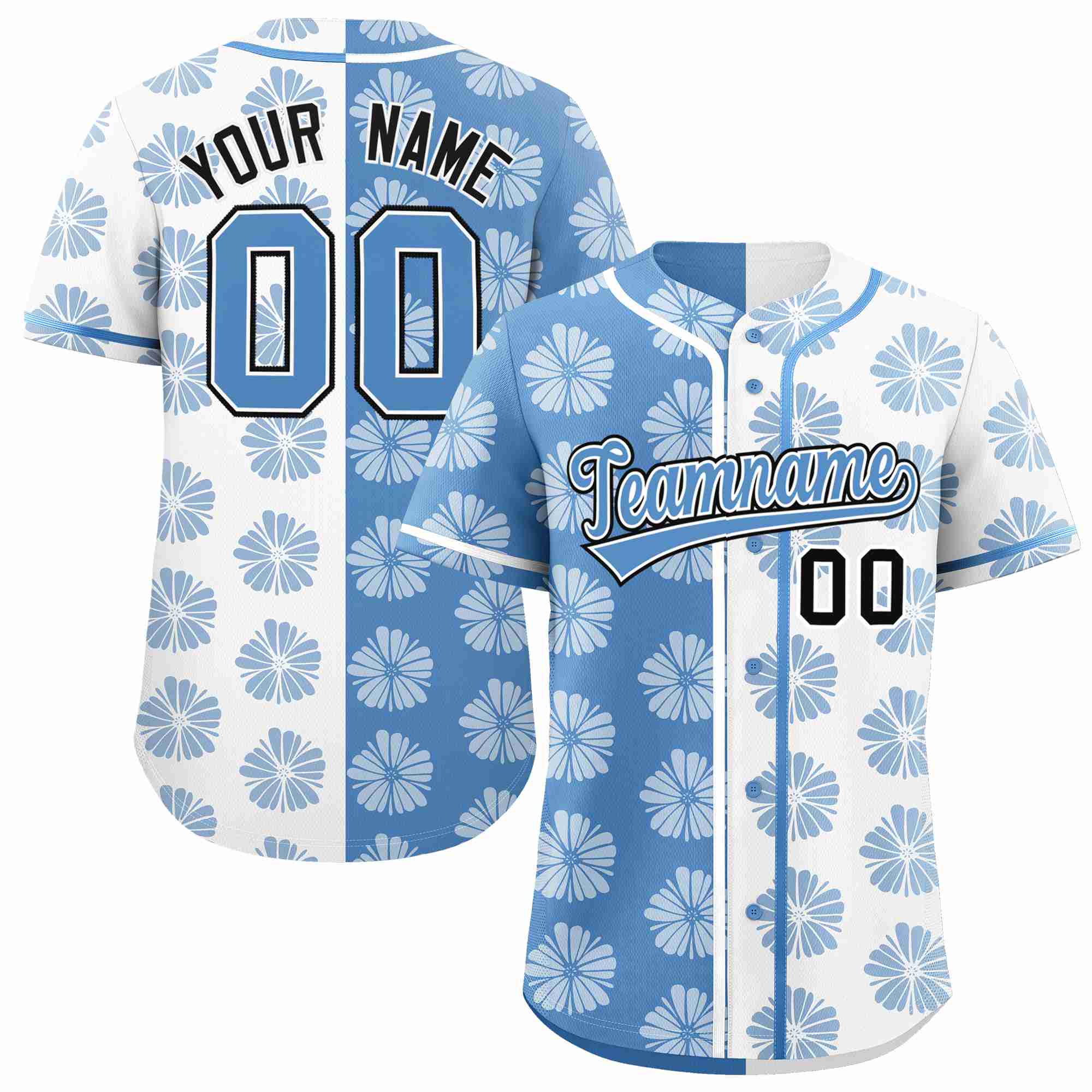 Custom Light Blue White Split Fashion Flower Graffiti Pattern Authentic Baseball Jersey