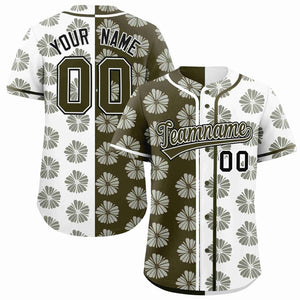 Custom Olive White Split Fashion Flower Graffiti Pattern Authentic Baseball Jersey