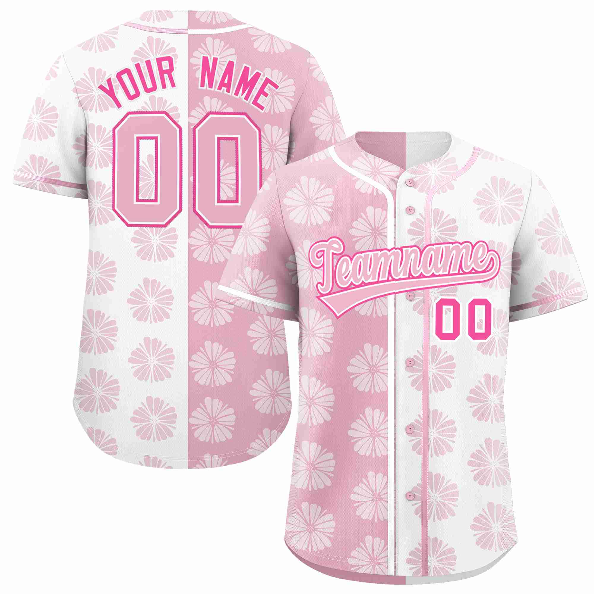 Custom Light Pink White Split Fashion Flower Graffiti Pattern Authentic Baseball Jersey