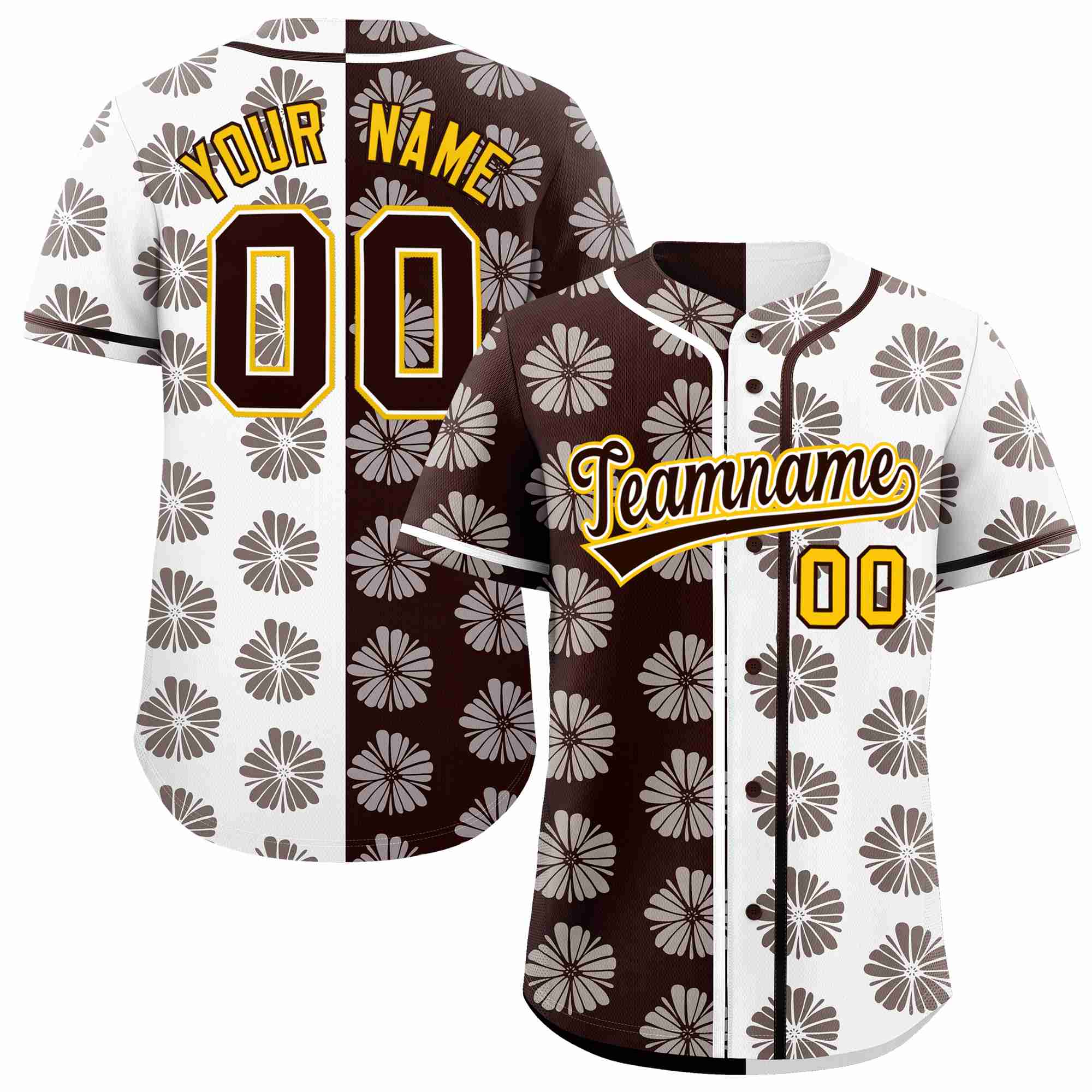 Custom Brown White Split Fashion Flower Graffiti Pattern Authentic Baseball Jersey