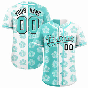 Custom Aqua White Split Fashion Flower Graffiti Pattern Authentic Baseball Jersey