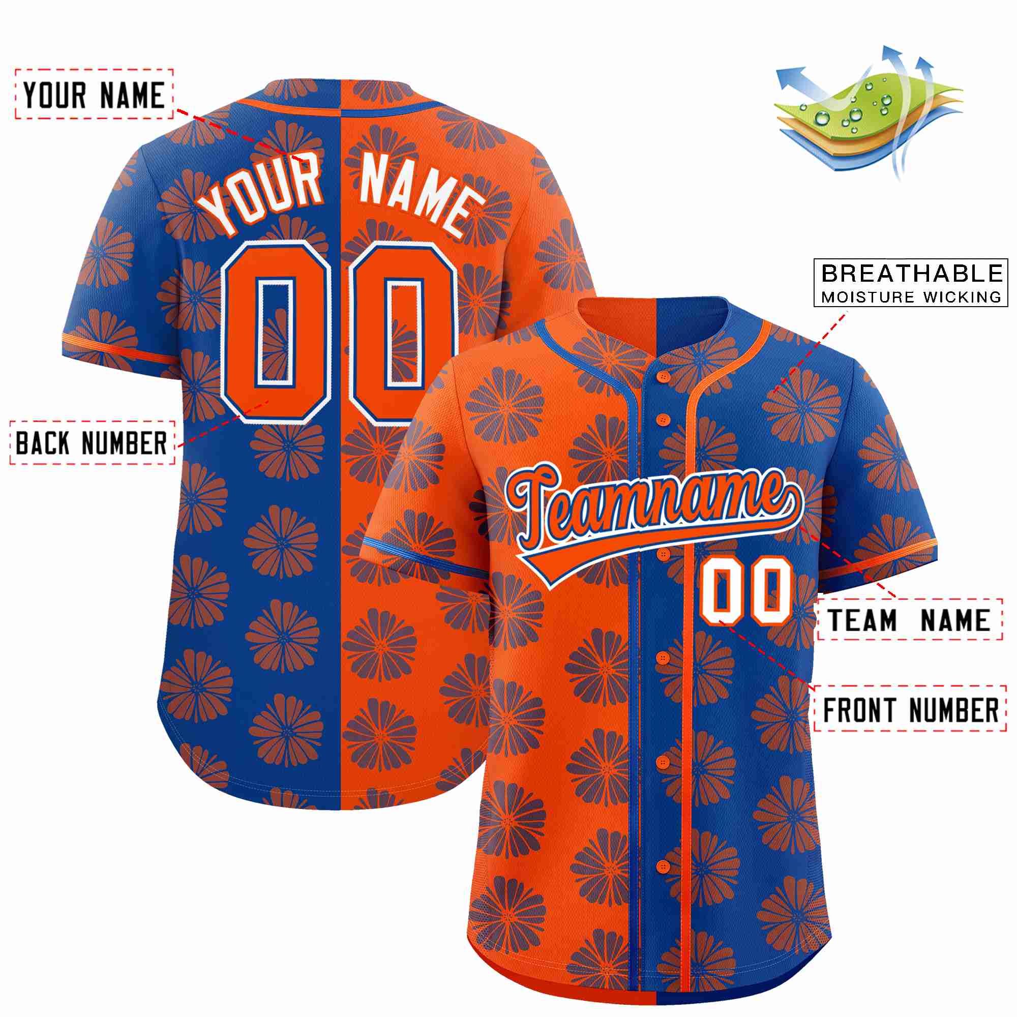 Custom Orange Royal Split Fashion Flower Graffiti Pattern Authentic Baseball Jersey