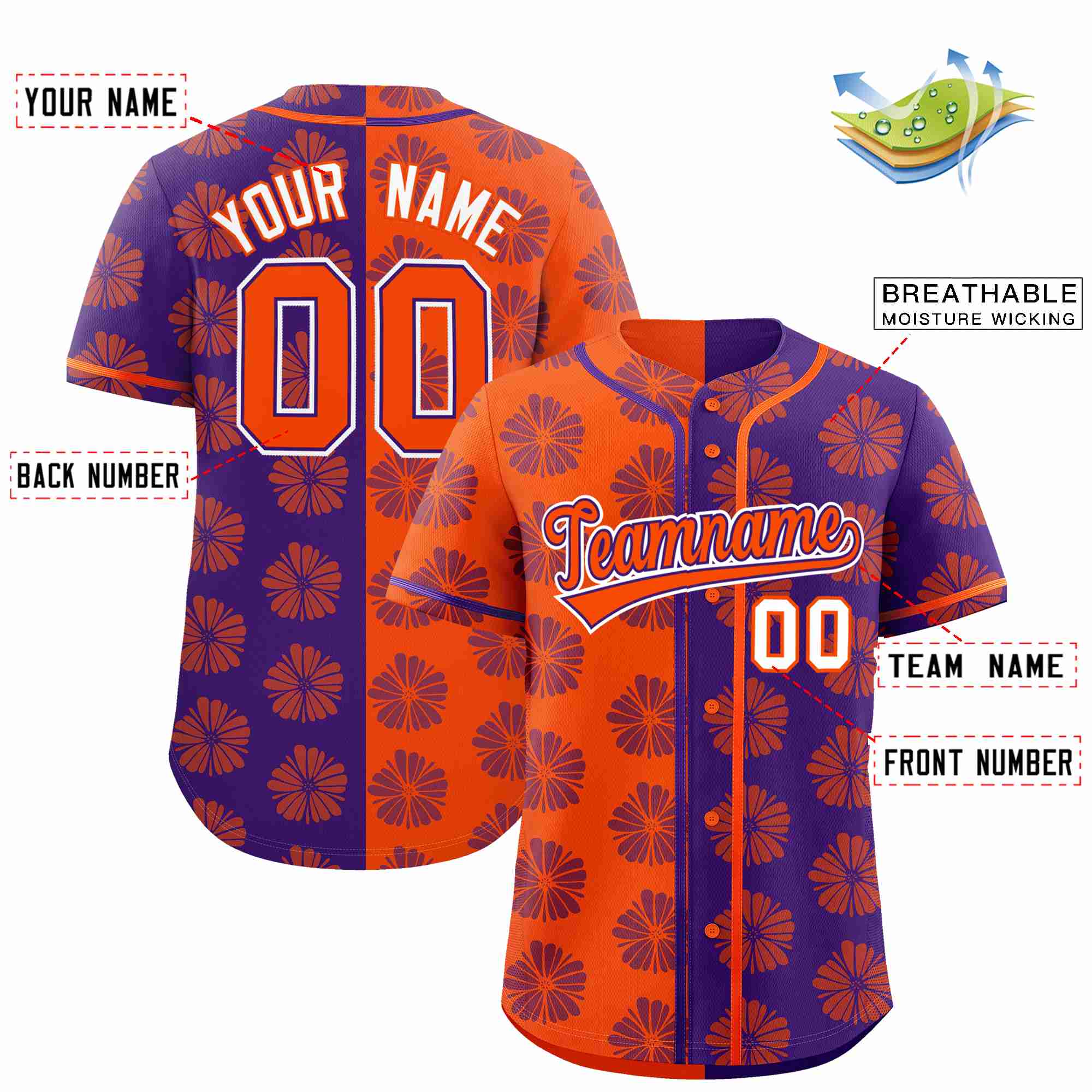 Custom Orange Purple Split Fashion Flower Graffiti Pattern Authentic Baseball Jersey