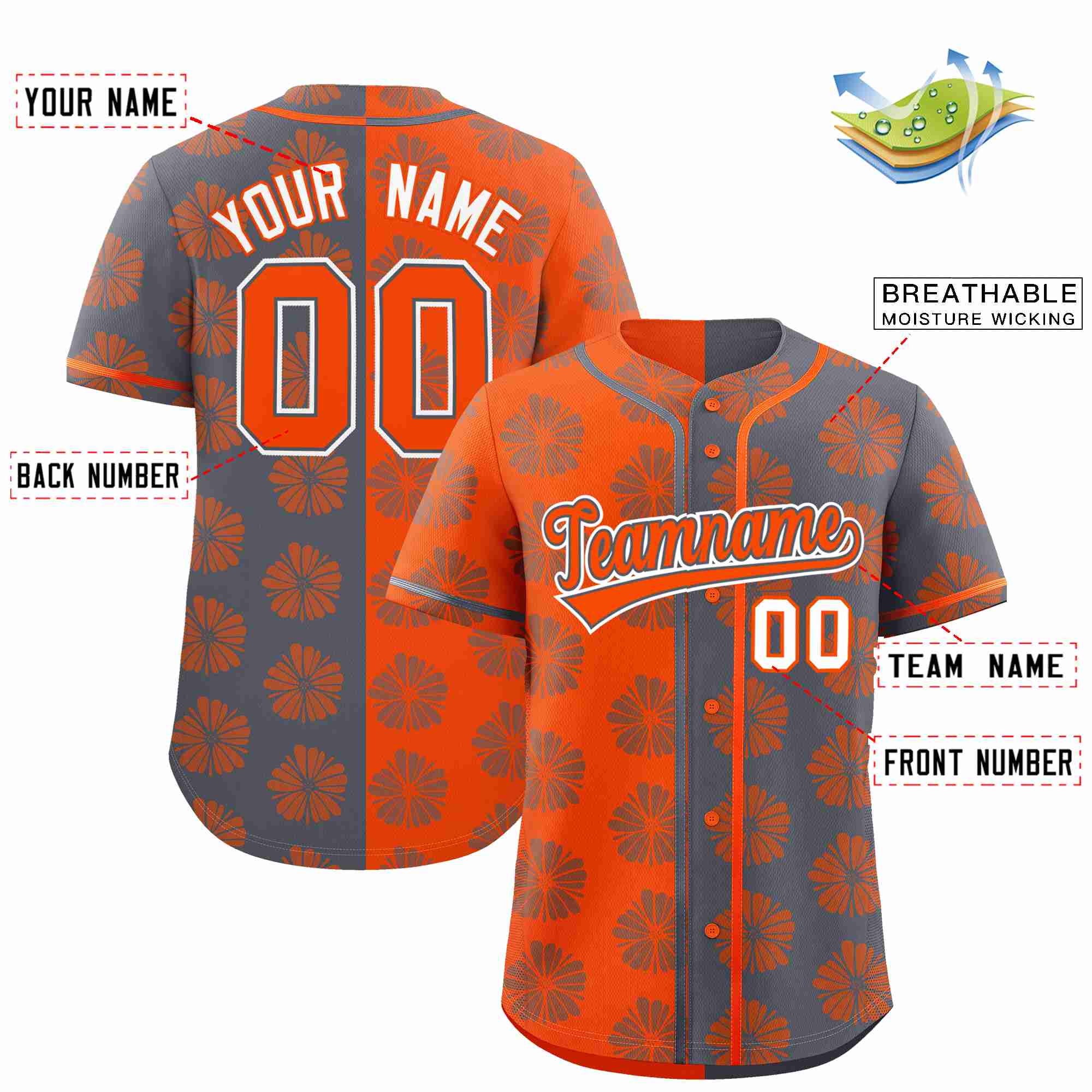 Custom Orange Dark Gray Split Fashion Flower Graffiti Pattern Authentic Baseball Jersey