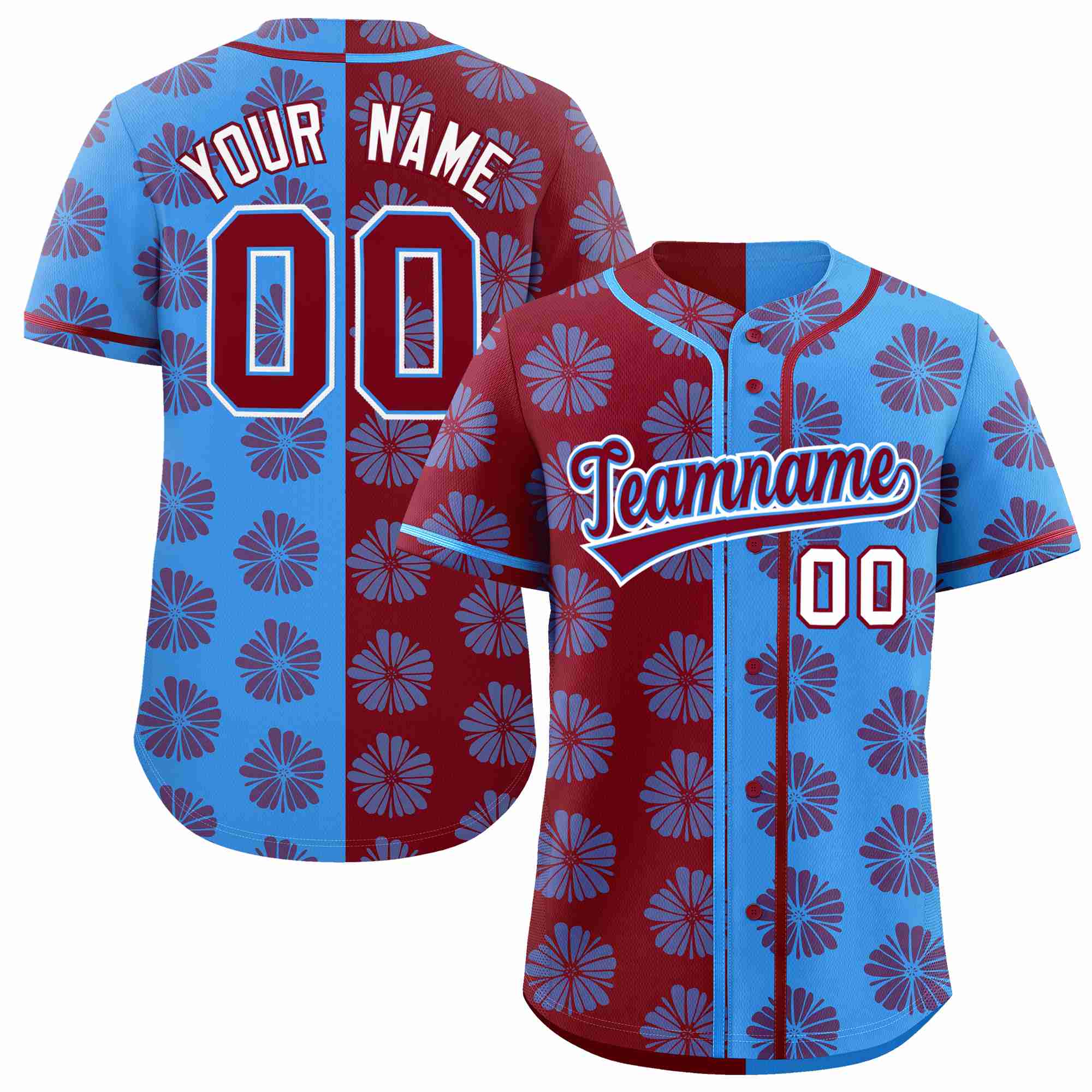 Custom Crimson Powder Blue Split Fashion Flower Graffiti Pattern Authentic Baseball Jersey