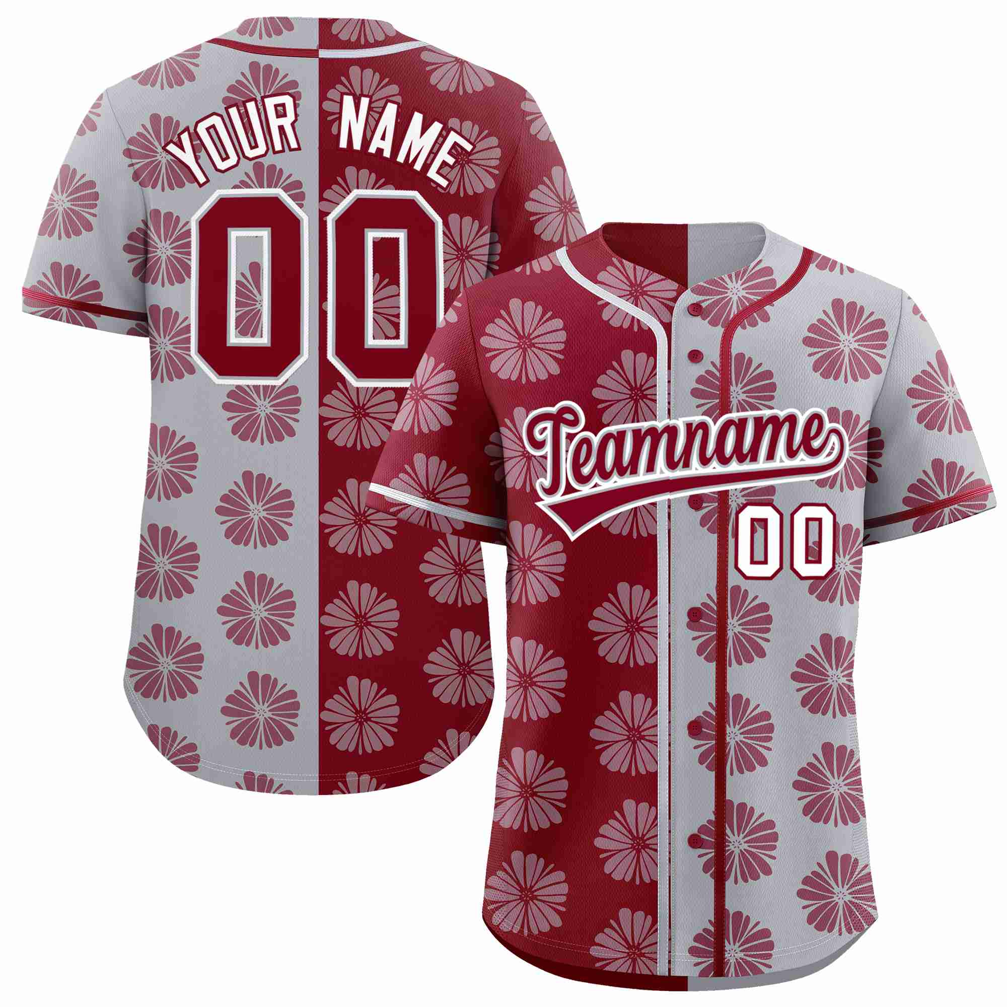 Custom Crimson Light Gray Split Fashion Flower Graffiti Pattern Authentic Baseball Jersey