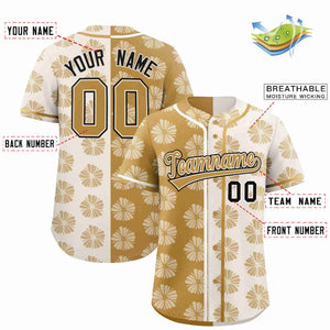 Custom Old Gold Cream Split Fashion Flower Graffiti Pattern Authentic Baseball Jersey